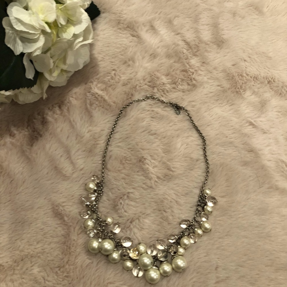 Talbots Silver Tone Pearl and Clear Glass Bead Necklace